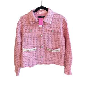 NWT Simply Southern Women's Small Pink Gold Tweed Preppy Jacket Blazer